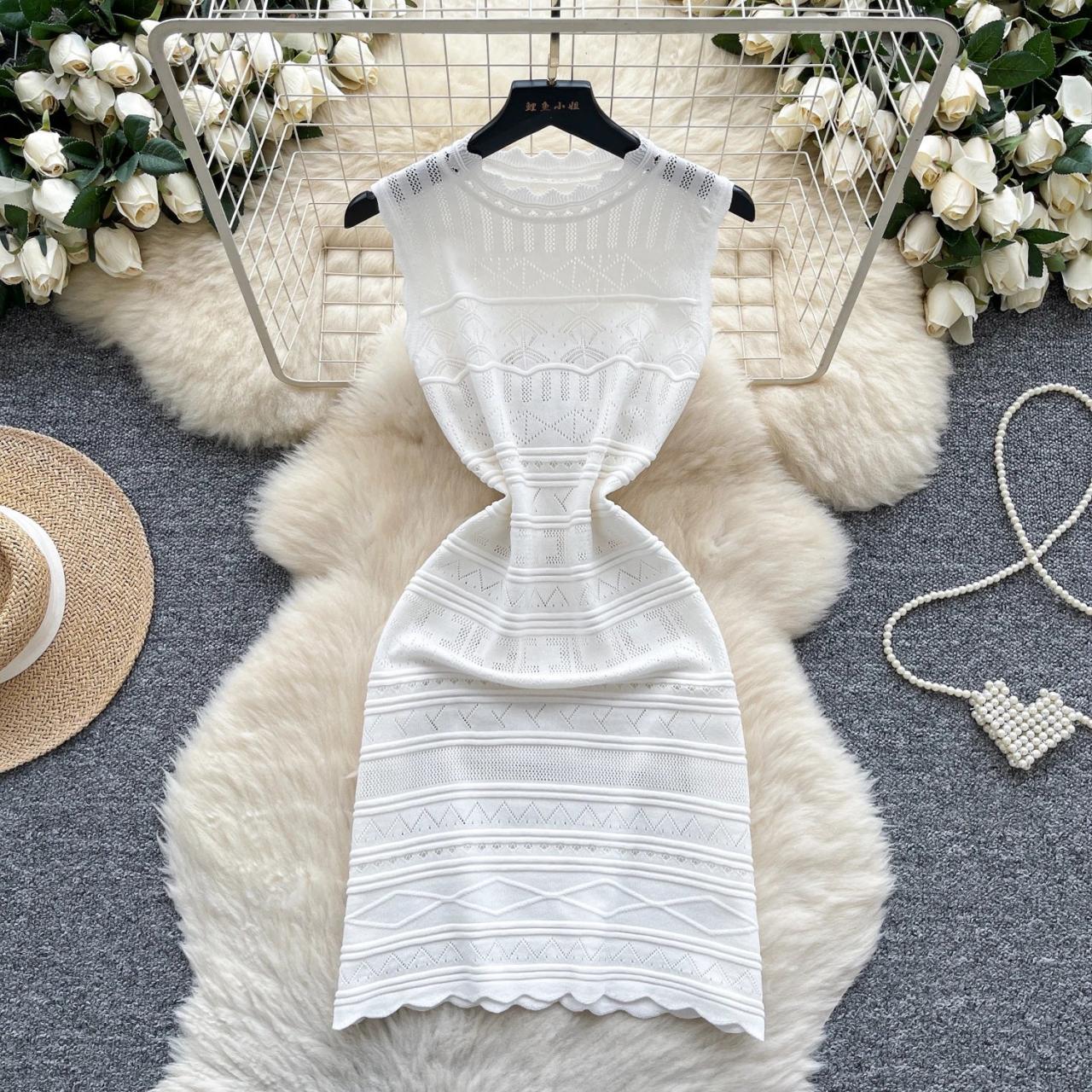 Chic Women Vintage Hook Flower Hollow Slim Knitted Dresses French High  Street Summer Elegant Elastic Mini Dress Pencil Dress