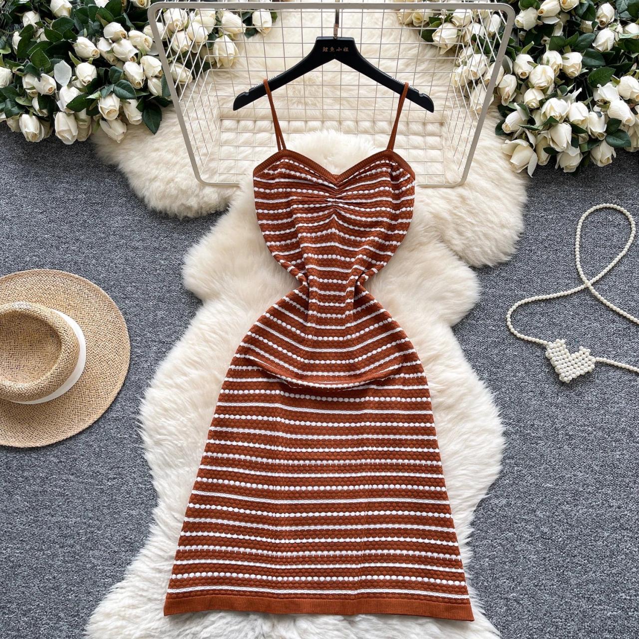 Striped Brown Knit Dress With Spaghetti Straps on Luulla