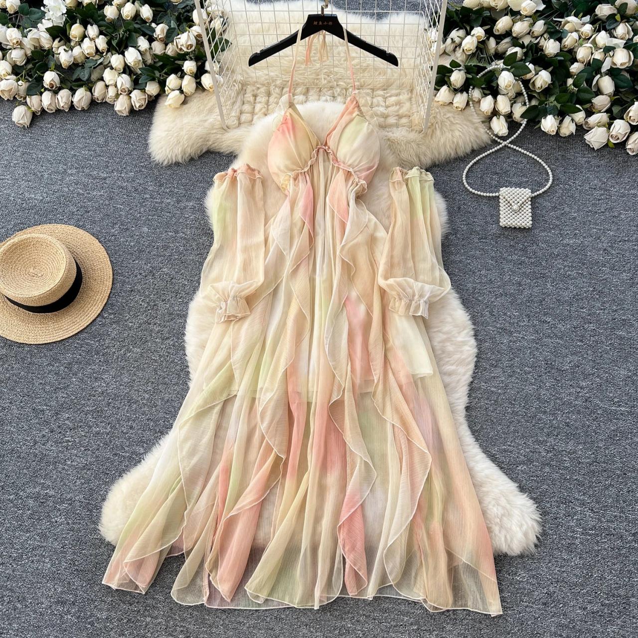 Pastel Halter Maxi Dress Pastel Chiffon Gradient Halter Maxi Dress Flowing