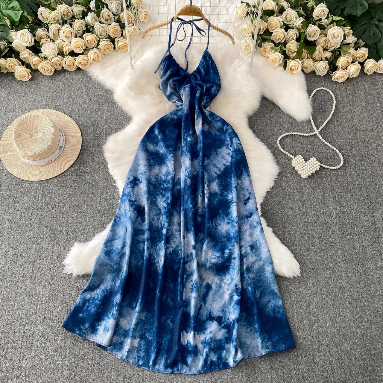 blue tie dye halter dress Tie-dye Neck Maxi Flowy fully-lined:false