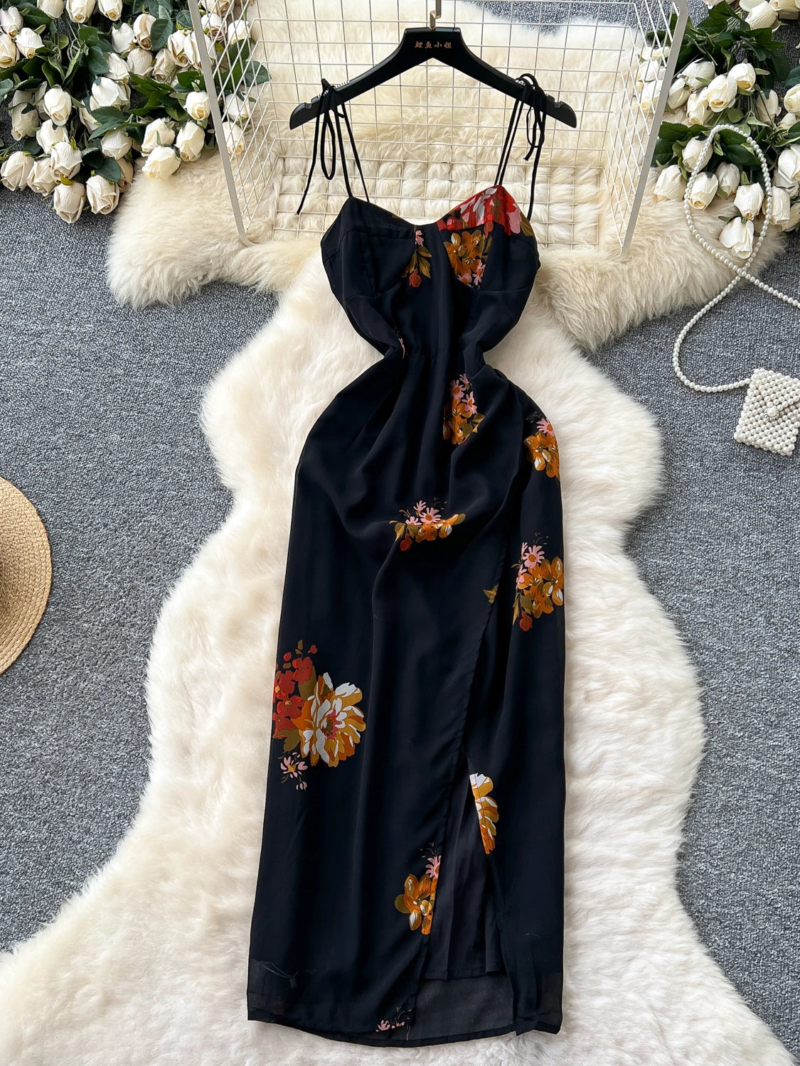 black floral midi slip dress Midi Slip Dress in Black Florals  Reistor