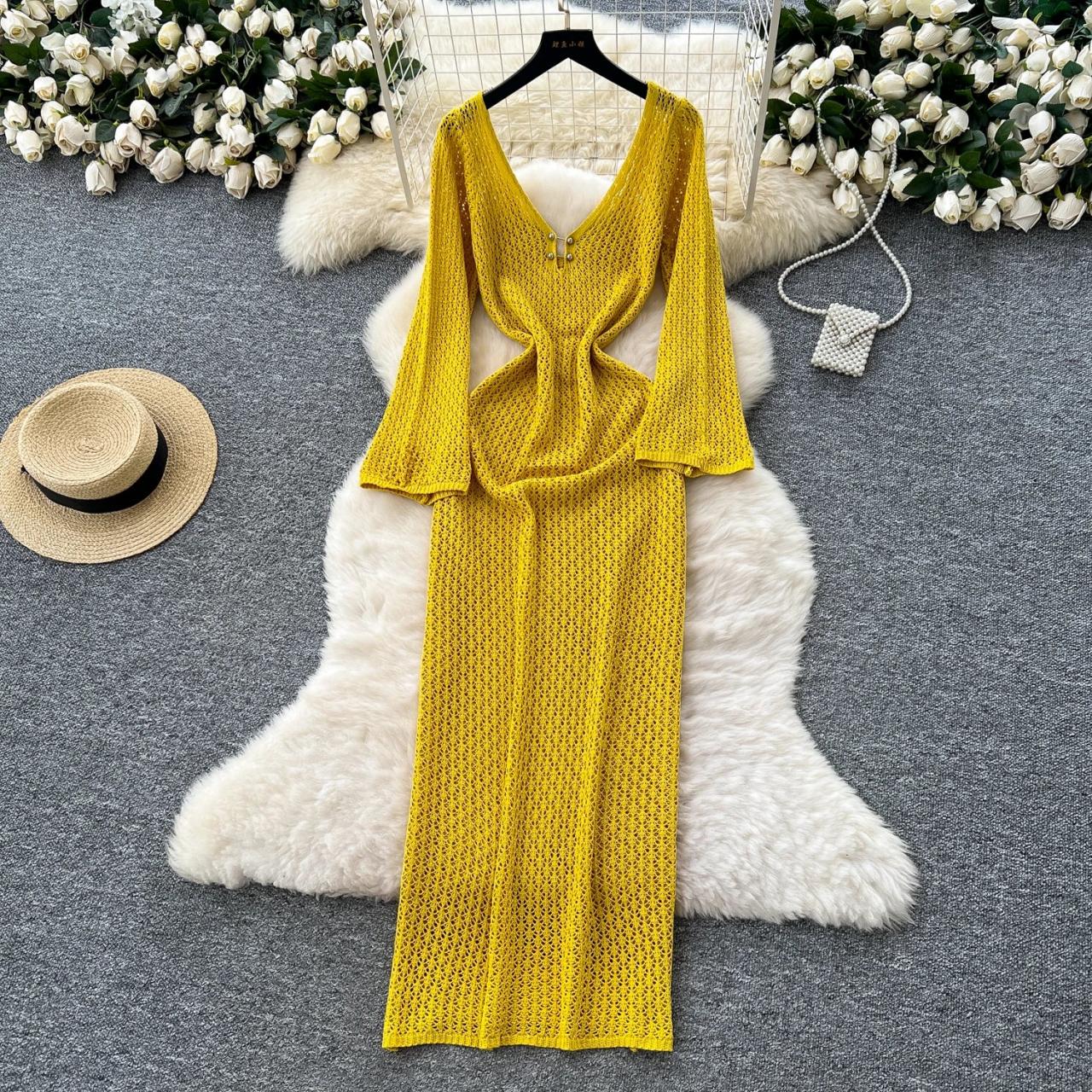 mustard knit dress Oriana Metallic Gold Foil Knit Maxi Dress