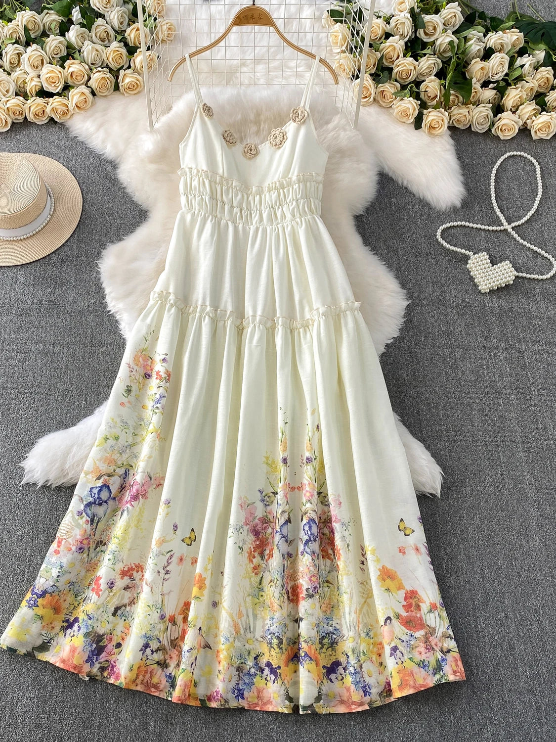 maxi dress with butterfly print White Floral Maxi Dress With Butterfly Print on Luulla