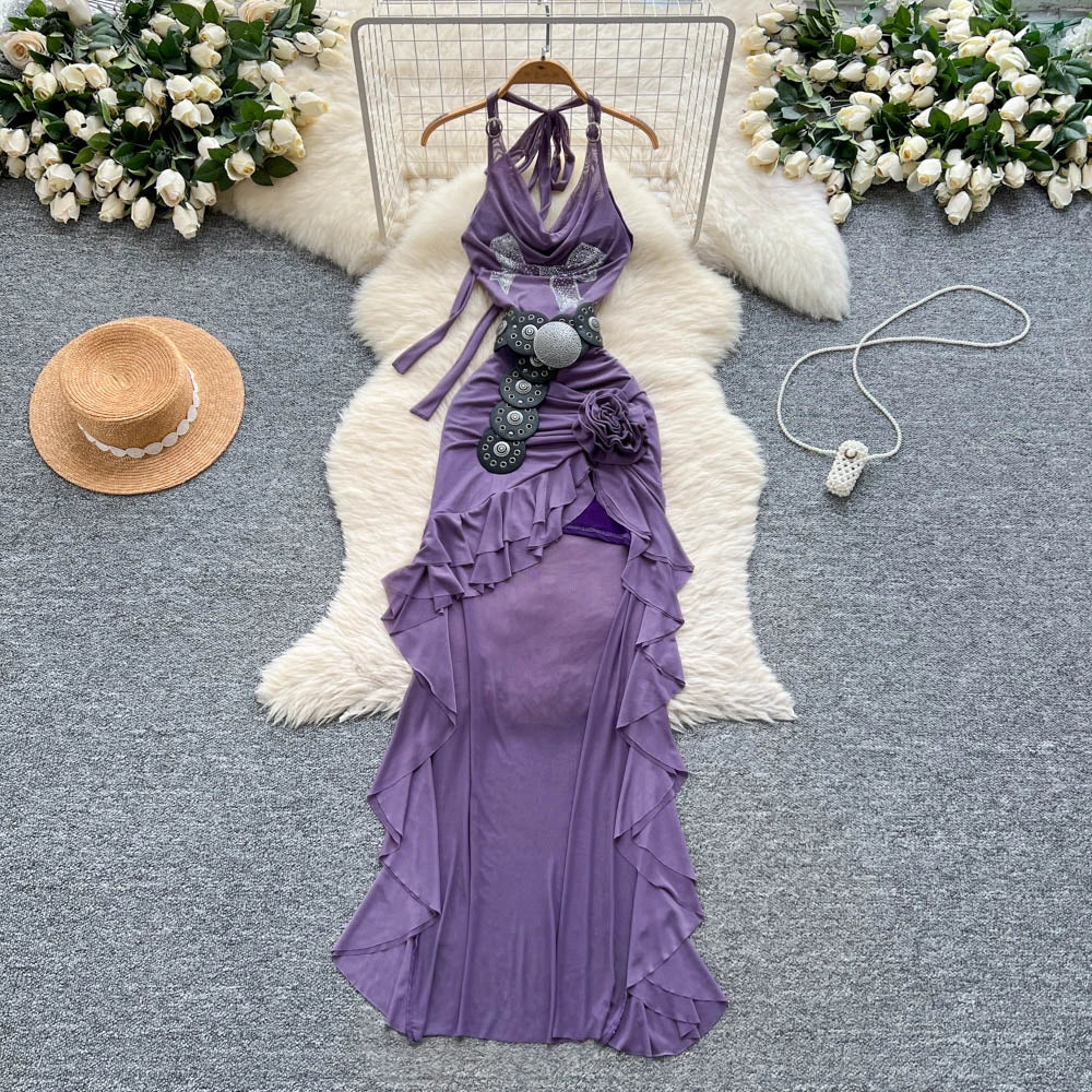purple ruffle halter dress SIERRA DARIEN (purple) Pleated Halter Midi Dress With Cascading Ruffle