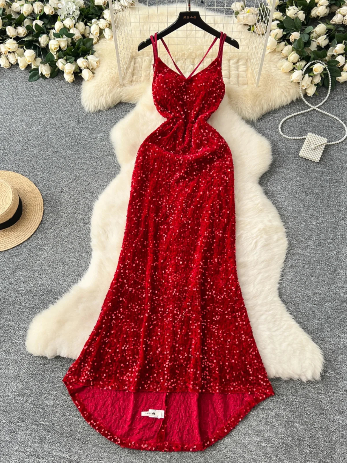 red sparkly backless dress Red Sparkly Deep V Open Back Prom Dress  SS303  Viniodress