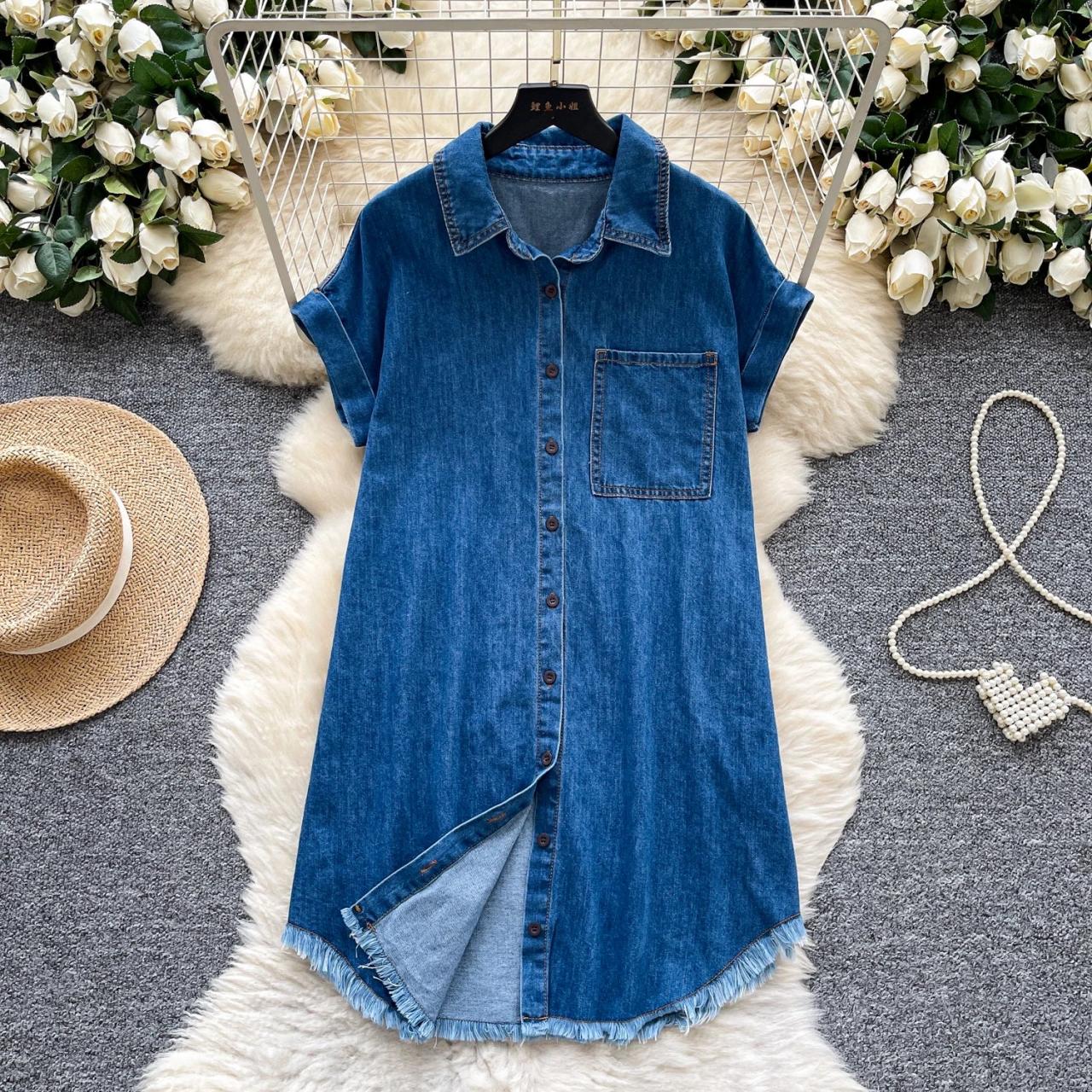 denim frayed dress Easel Frayed Detail Denim Maxi Dress in Dark Denim ON ORDER  June Adel