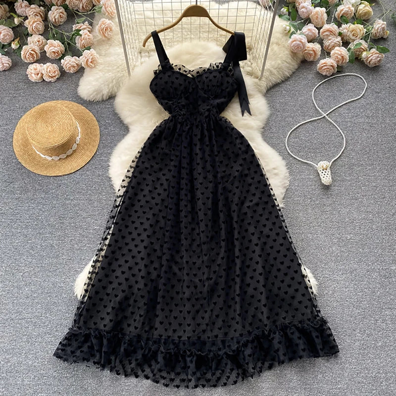 black heart lace midi dress Black Heart Pattern Sleeveless Midi Dress Charming