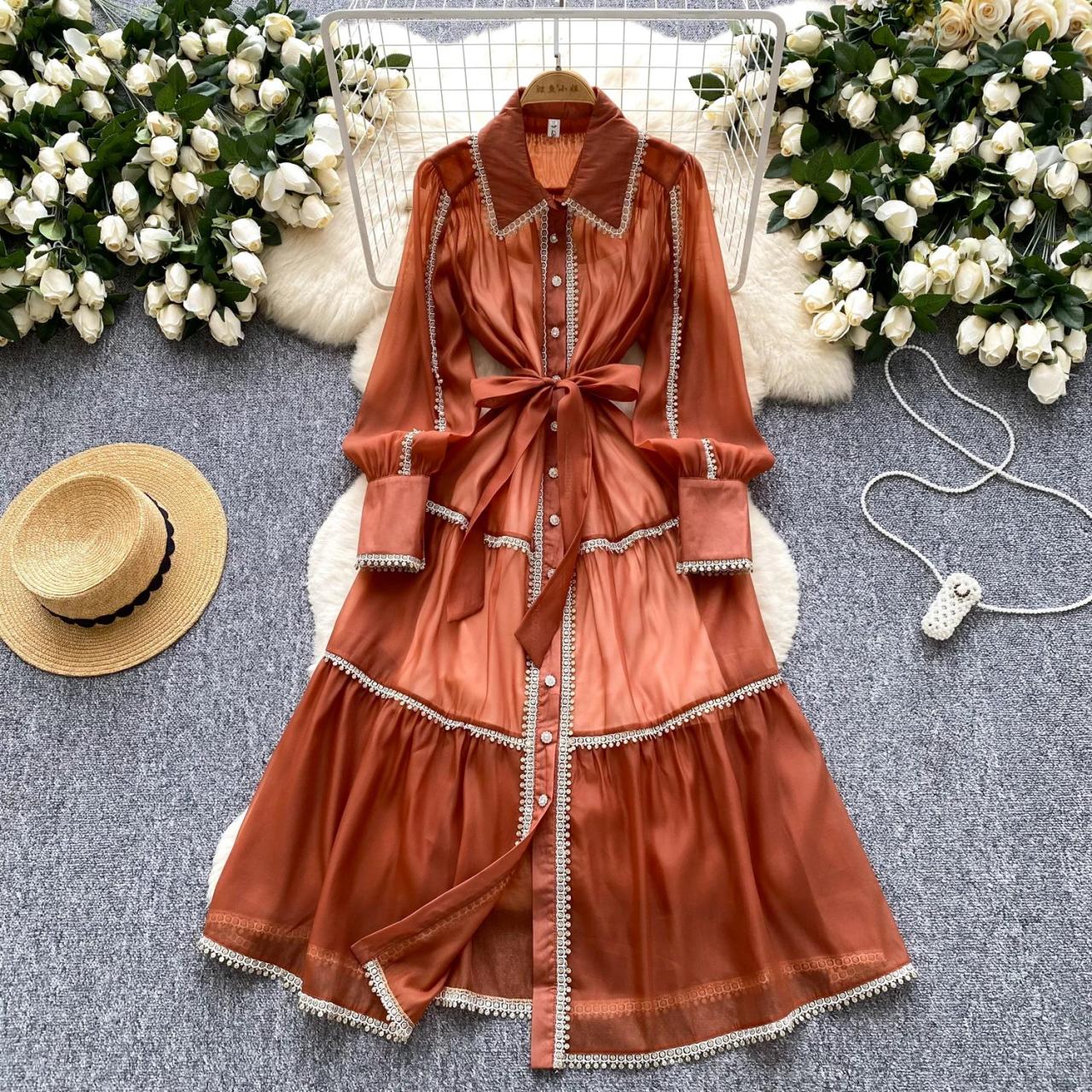 Terracotta Chiffon Dress With Pearl Button Detail on Luulla
