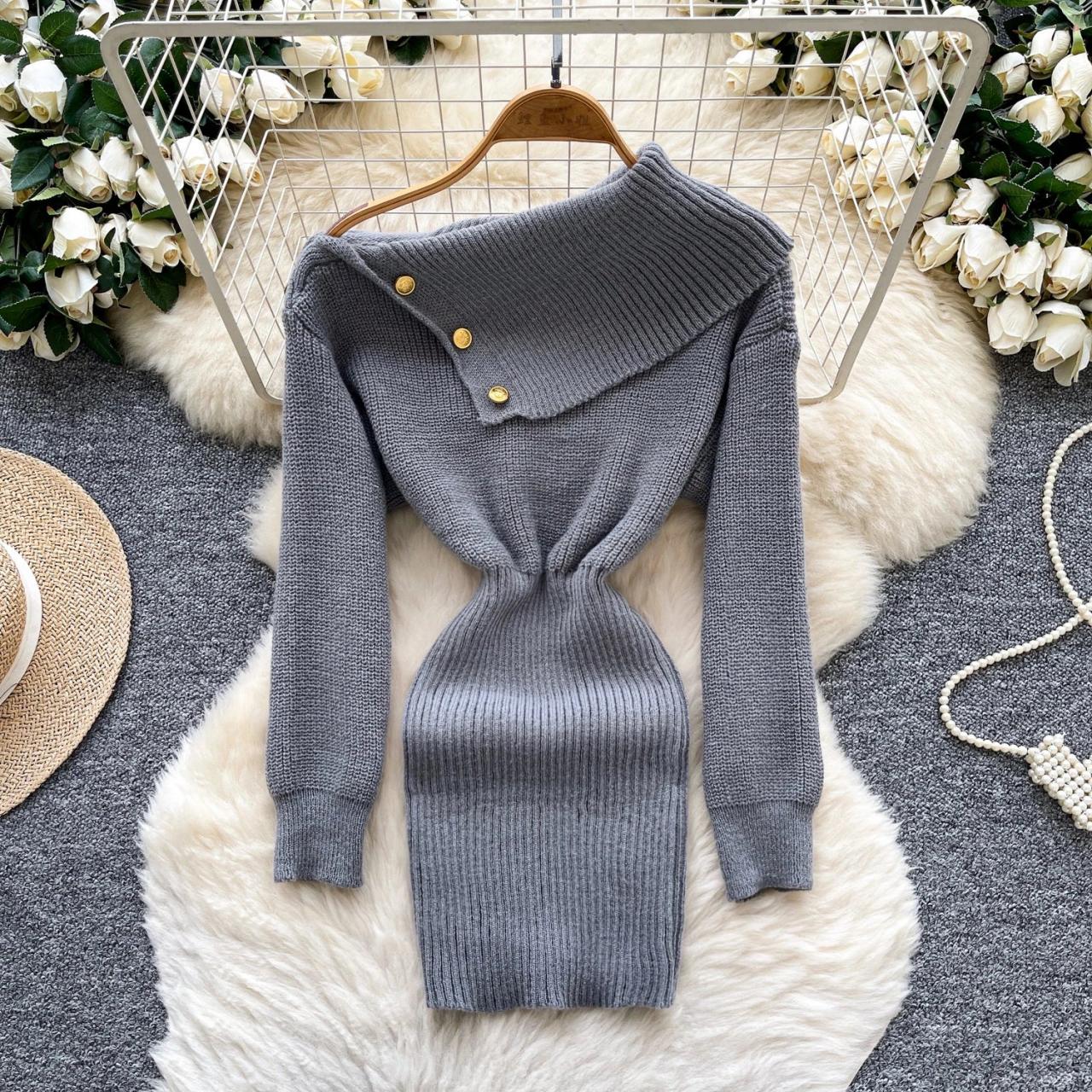 grey off the shoulder knit dress Peach/Gray V Neck Sequins Beading Long Sexy See Through Formal Gowns P –  Siaoryne main image 1