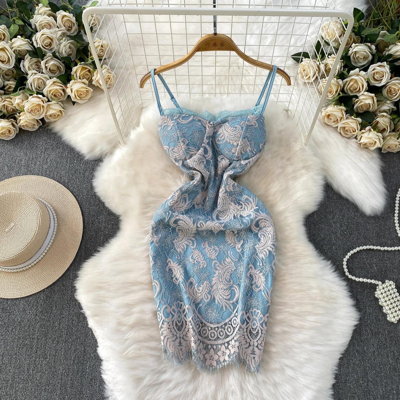 spaghetti strap lace bodycon dress Blue Floral marsnewmini