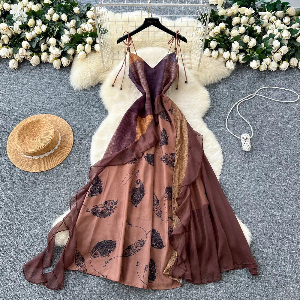 flowy feather dress Bohemian Brown Feather Print Flowy Summer Dress