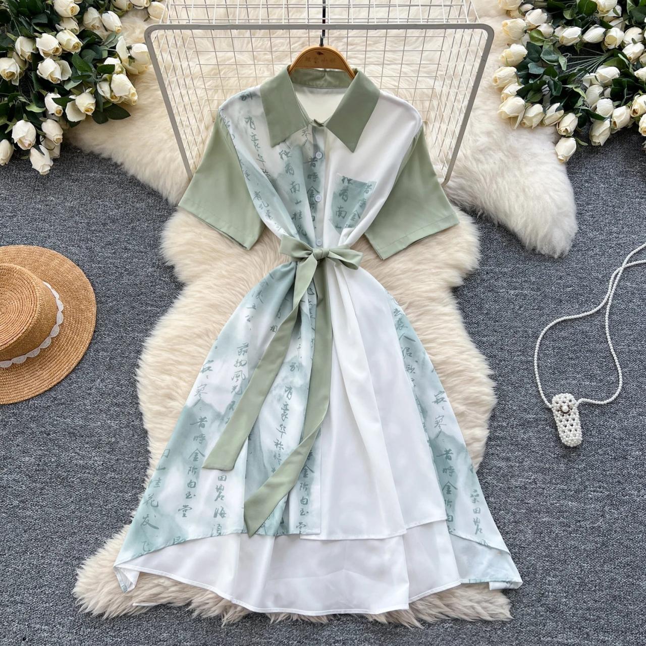 Vintage Green Asymmetrical Chiffon Dress With Sash on Luulla