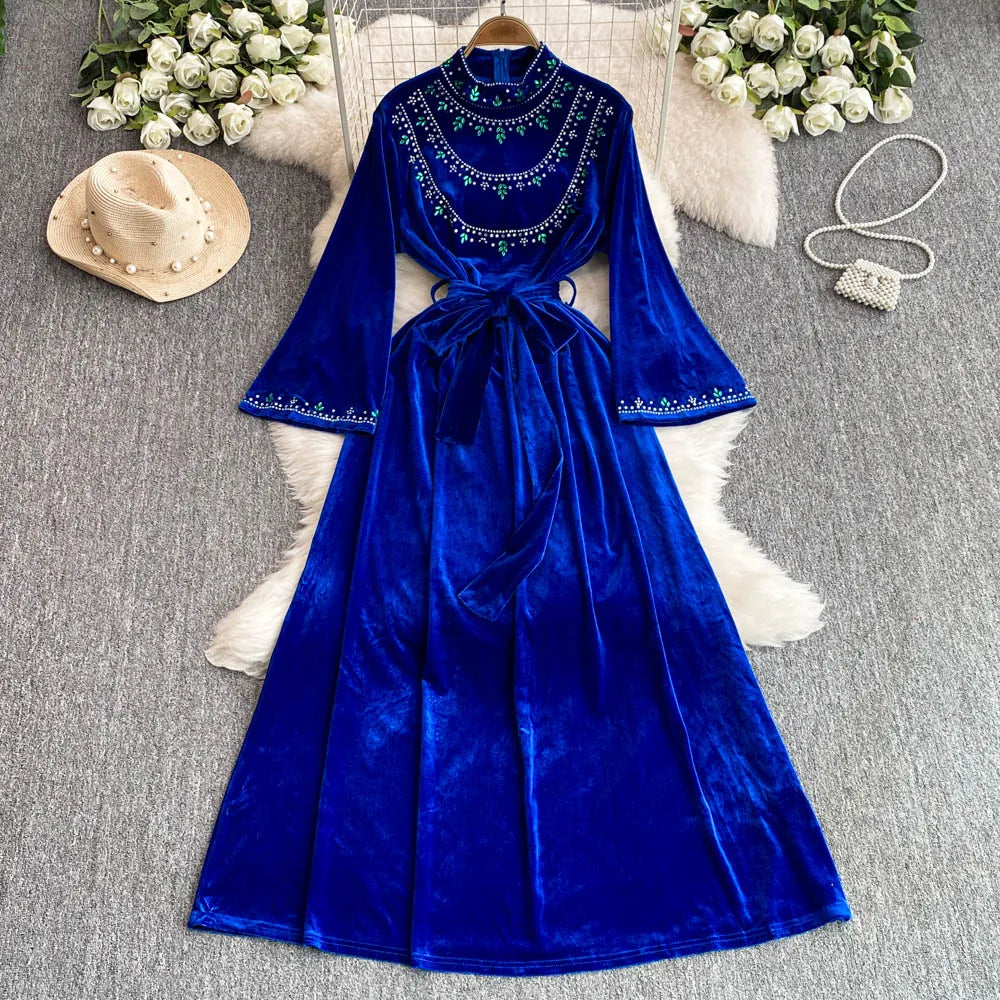 Royal Blue Beaded Velvet Dress With Belt on Luulla