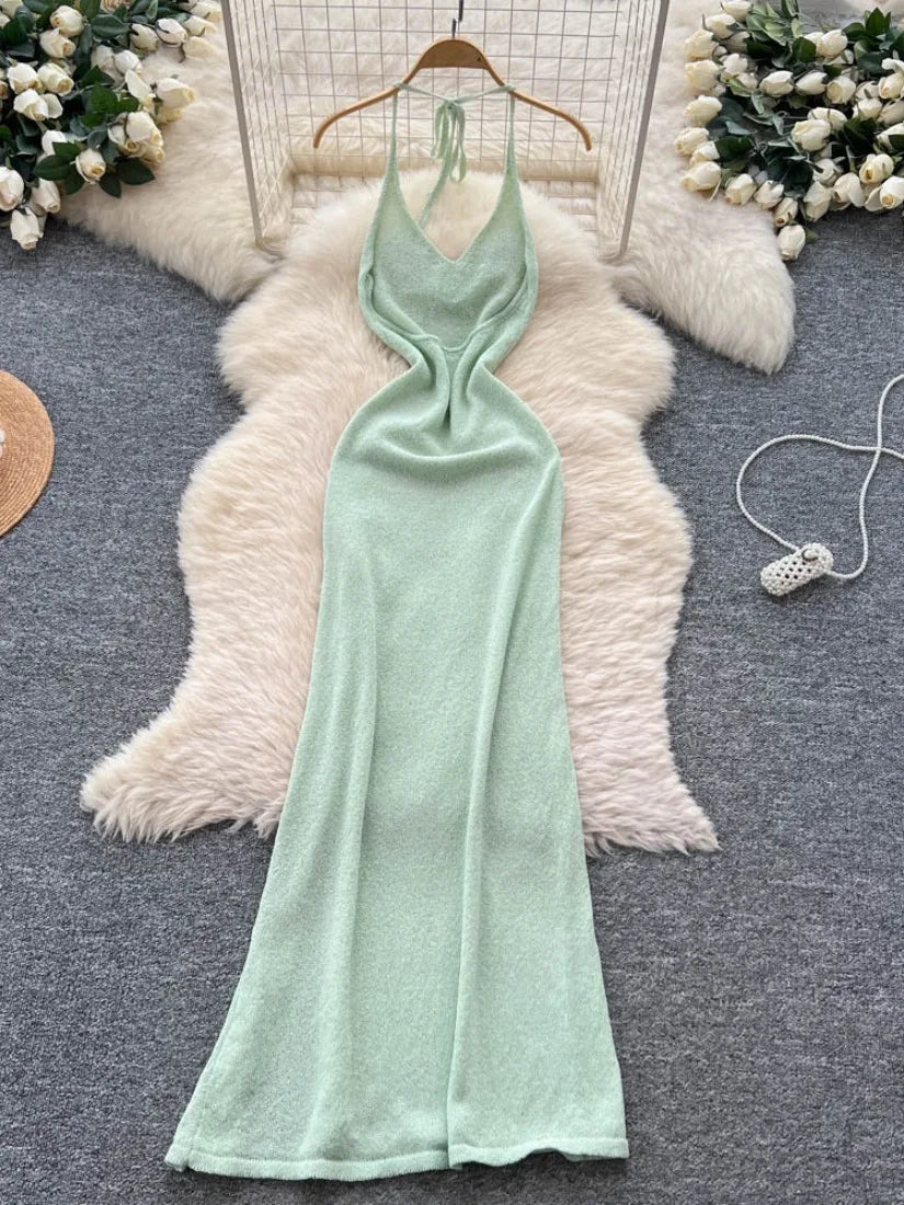 Mint Green Halter Maxi Dress With Floral Detail
