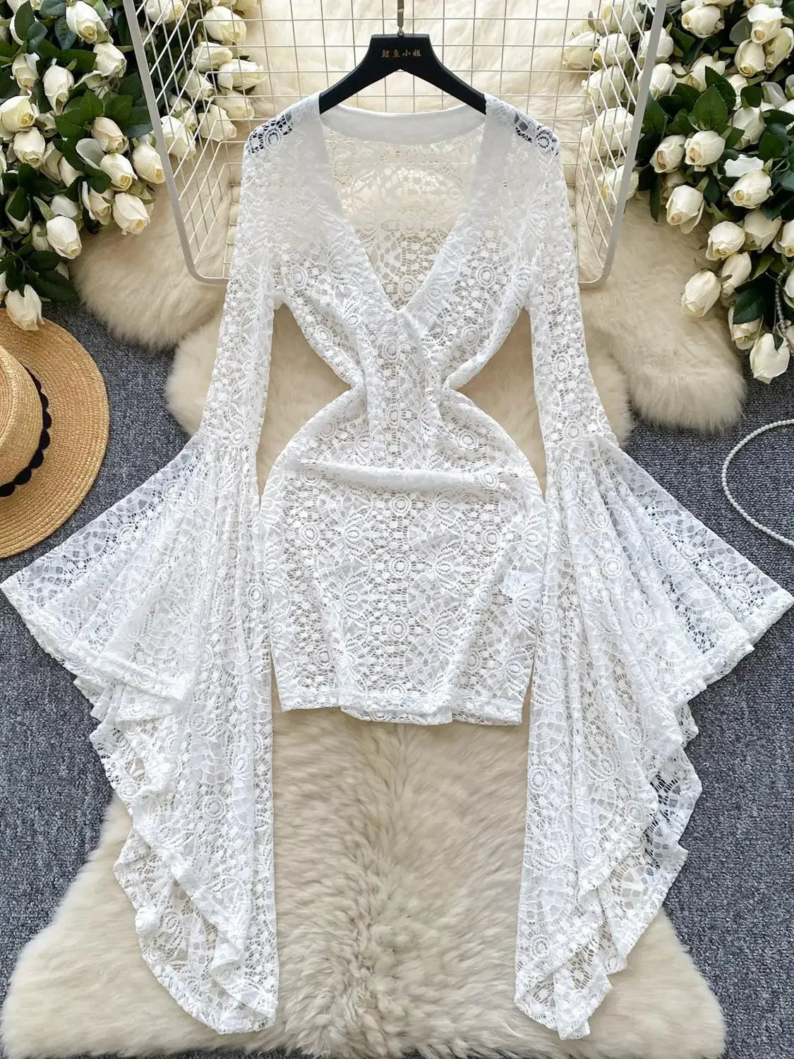 bodycon dress with flare sleeves White Lace Flare Sleeve Bodycon Dress