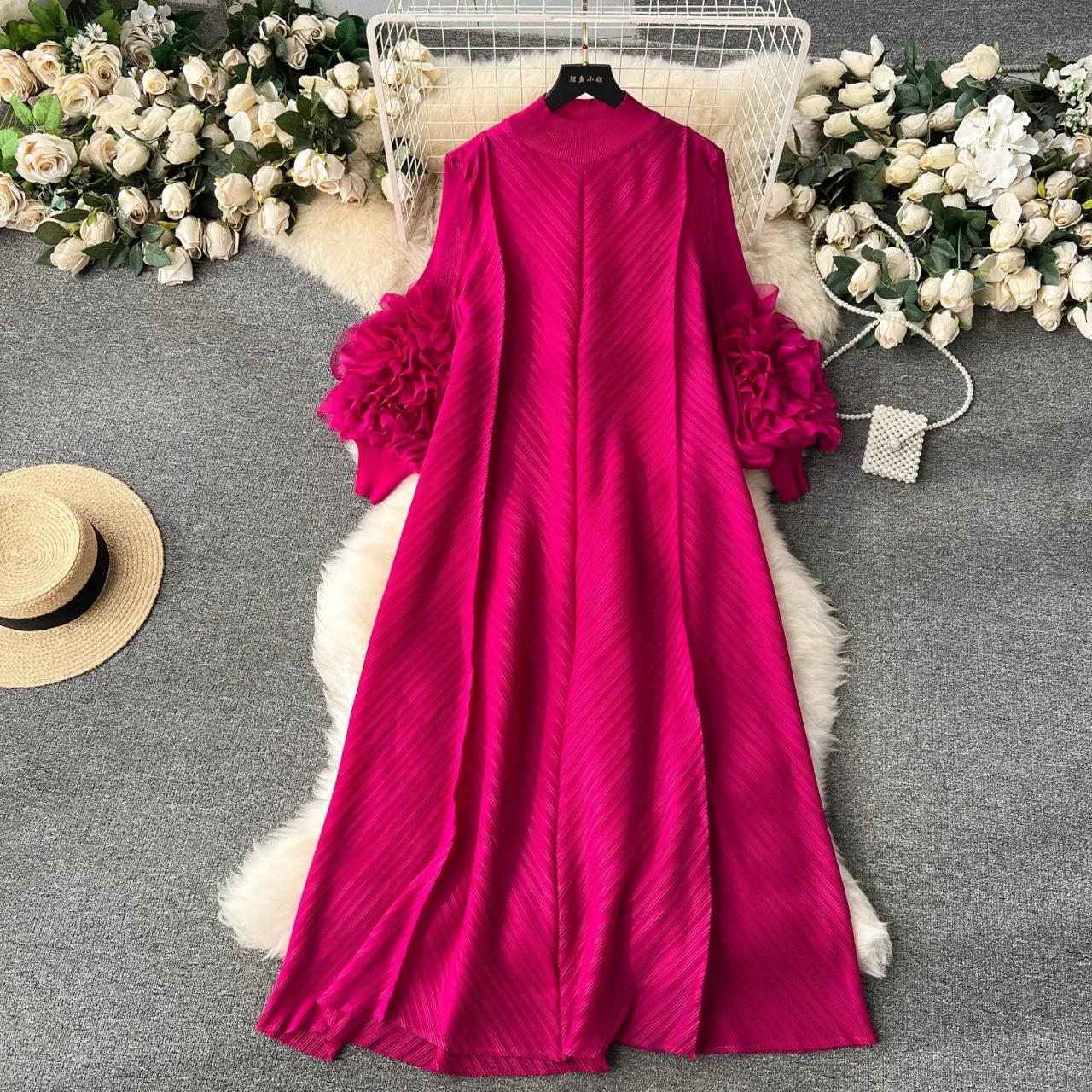 Fuchsia Long Sleeve Maxi Dress With Ruffles