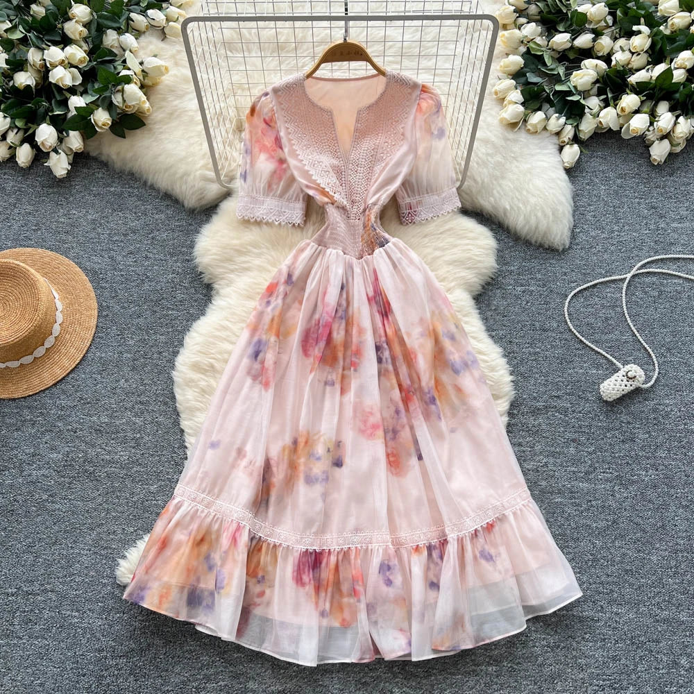 white lace pink chiffon dress Floral Pink Chiffon Dress With Lace Trim on Luulla