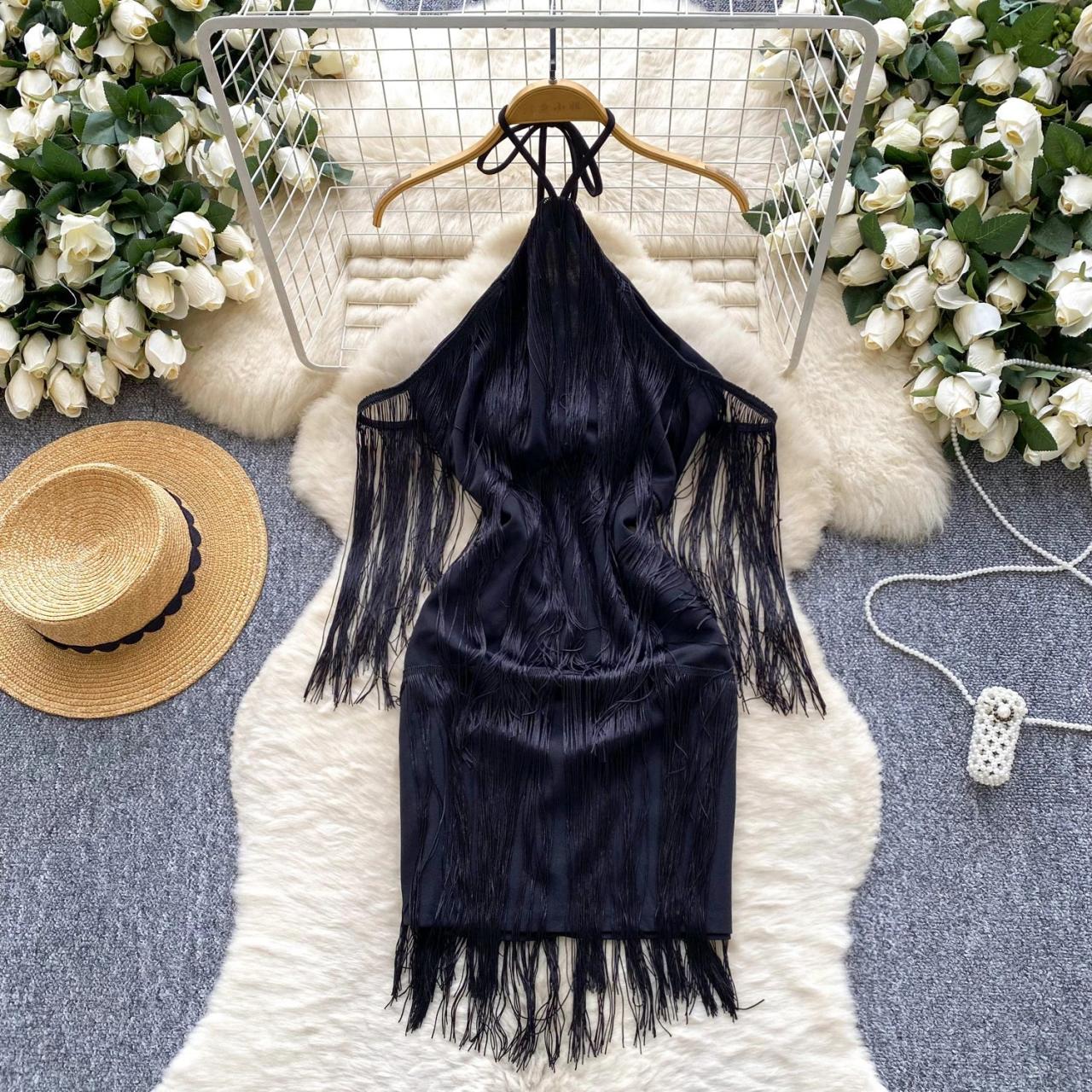 Black Fringe Halter Dress With Tassel Accents