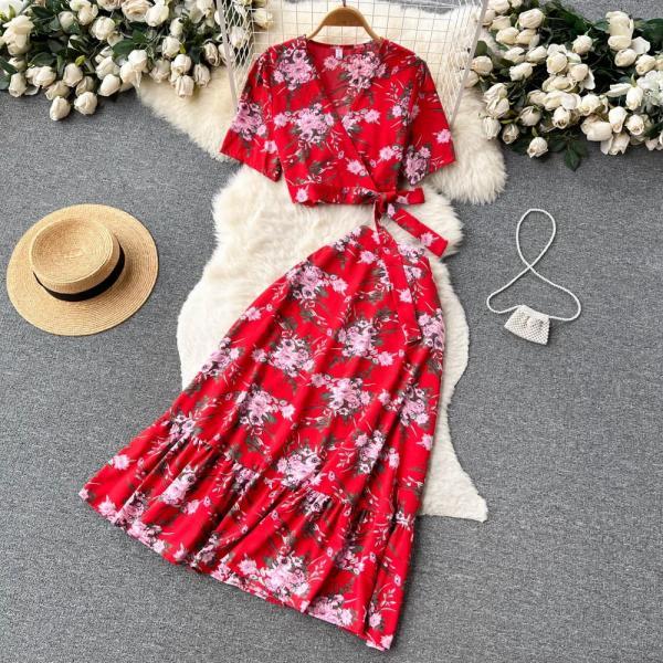 red floral wrap dress short sleeve Vbvc Women's Floral Wrap V-Neck Midi Dress , Ladies' Short Sleeve Elastic Waist Dress , Summer Wedding Guest Party Dress For Women,Red,S-3XL, Size: